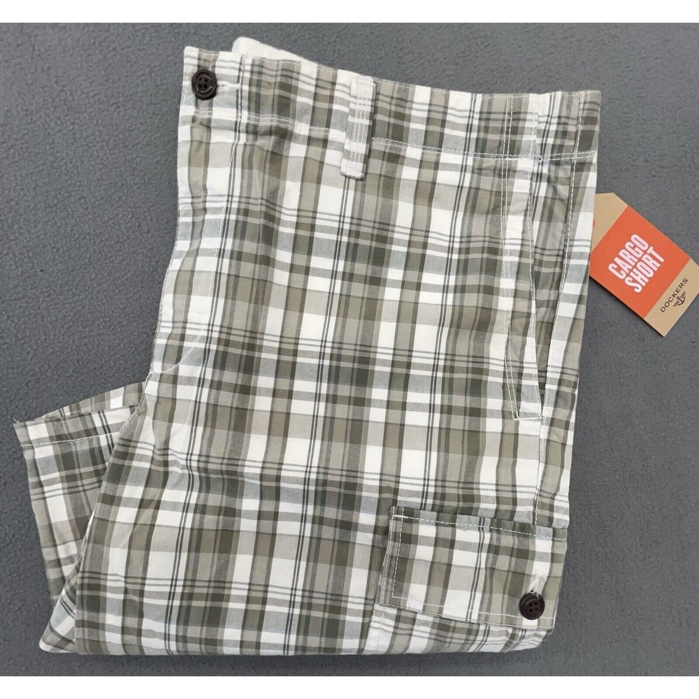 Dockers Cargo Shorts 40 Tan Gray Plaid 100% Cotton Preppy Classic‎ Casual NEW